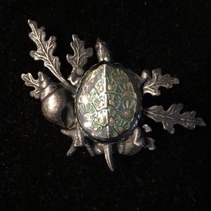 Sterling silver green enamel turtle brooch